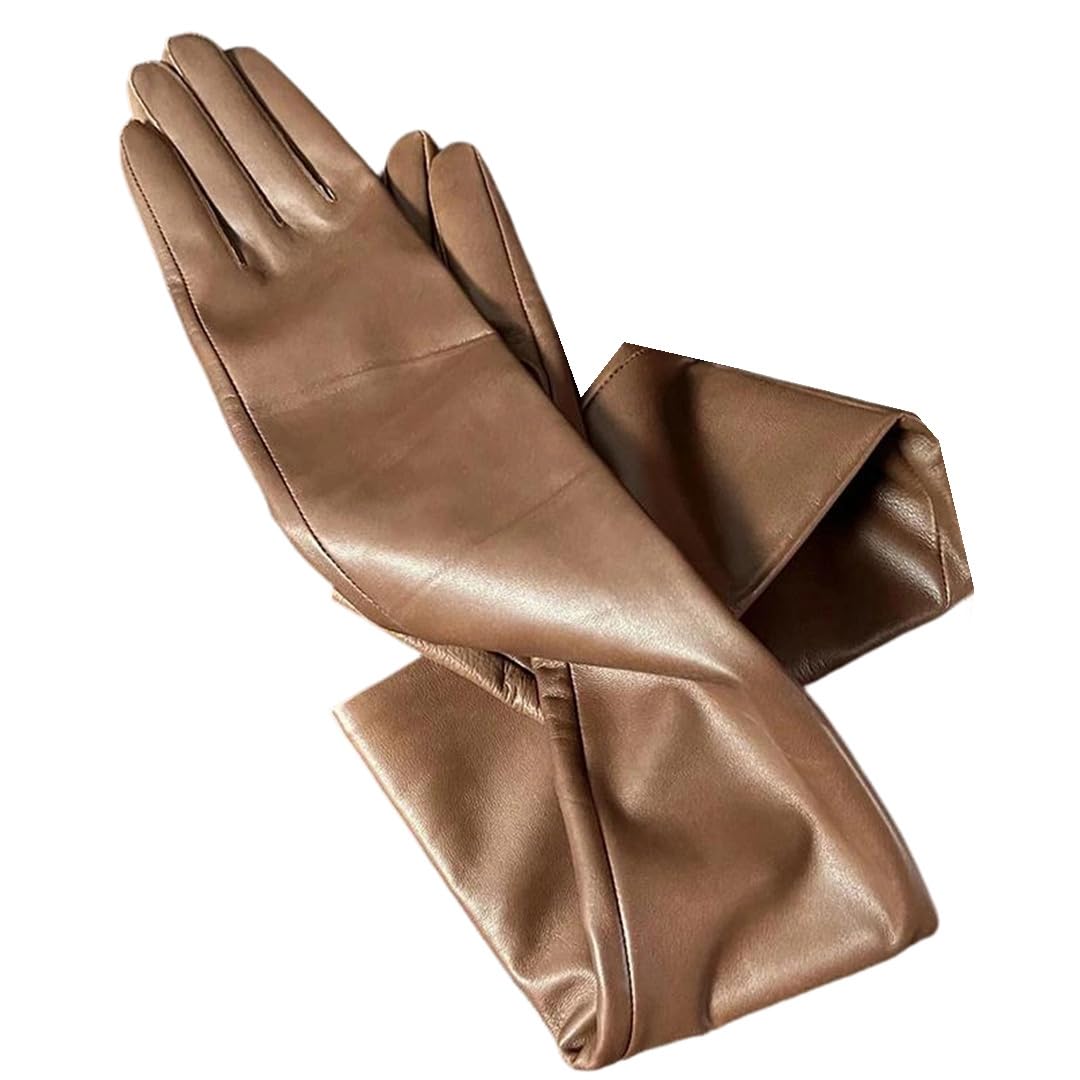 Lange Handschuhe aus echtem Leder, Unisex, weiches Schaffell, mit Fleece gefüttert, elegant, warm, Winter, modische Handschuhe, Braun, Größe XL, 65cm women thin