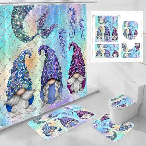 Litabel 4 Pcs Summer Mermaid Gnomes Shower Curtain Set with Non-Slip Rugs Toilet Lid Cover and Bath Mat Ocean Bathroom Decor Set with Shower Curtain and Rugs(Hooks Not Included)