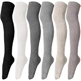 Liitrsh 6 Pairs Women Knee High Fuzzy Socks Soft Long Thigh High Warm stockings Cozy Slipper Plush Socks(Dark Color)