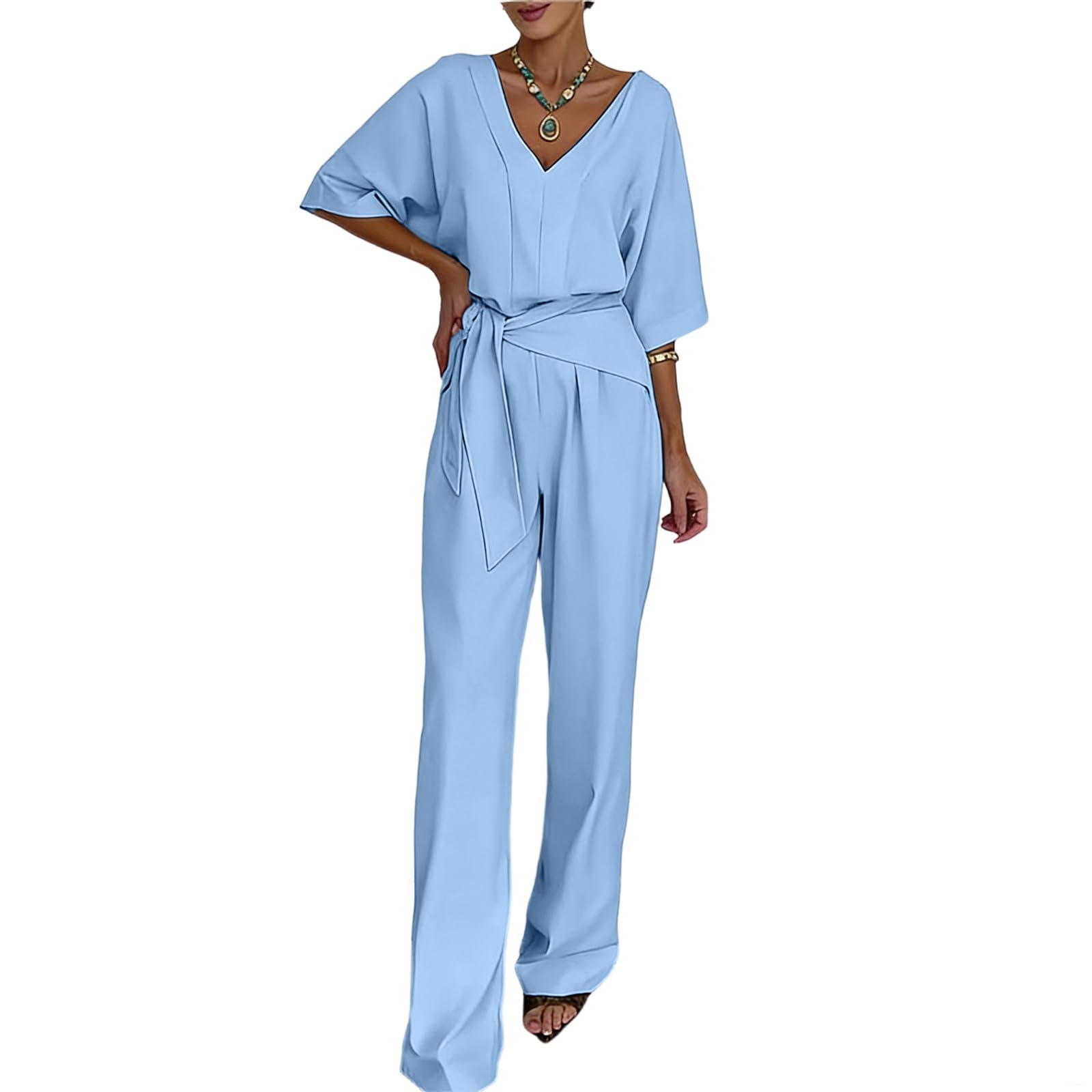 FUPODD Jumpsuit Damen Elegant Festlich Overall Hochzeit Mit Ärmel Playsuit Sommer Lang Wide Leg Mit Gürtel Jumpsuits Für Frauen Hochzeitsgast Hosenanzug V Ausschnitt Einteiler Buisness Romper Leicht