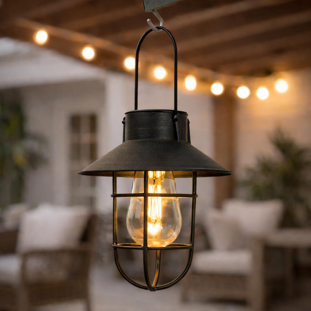 Solar Black Vintage Filament LED Hanging Lantern Outdoor Garden Fisherman Light