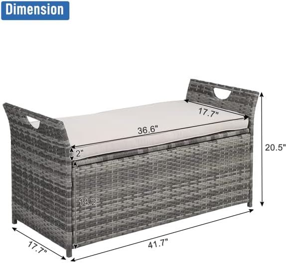 Generic 34 Gallon Outdoor Wicker Rattan Storage Bench Deck Box with High Density Foam Seat Cushion for 2 Persons Seating, Patio Garden Yard Poolside Porch Furniture (Grey), SLY16976080SLY57830251