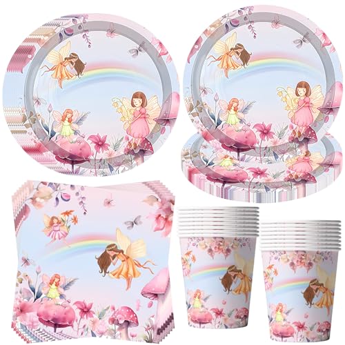 OMZSXK Ensemble de vaisselle de fête avec papillons et fées pour 16 invités, assiettes en papier...