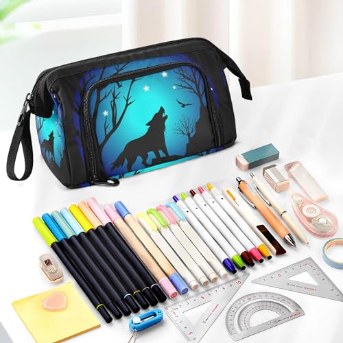 Image of Fisyme Blue Moon Wolf Pencil Case Large Capacity Pencil Pouch Pen Bag Box Big Makeup Pencil Case Organizer