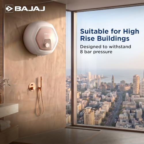 Image of Bajaj Armor Series Contempo Neo 15L Storage Water Heater For Home|5 Star Rated Geyser For Bathroom|Glass-lined Coating|Non-Stick Heating Element|Suitable For High Rise Building|White & Beige