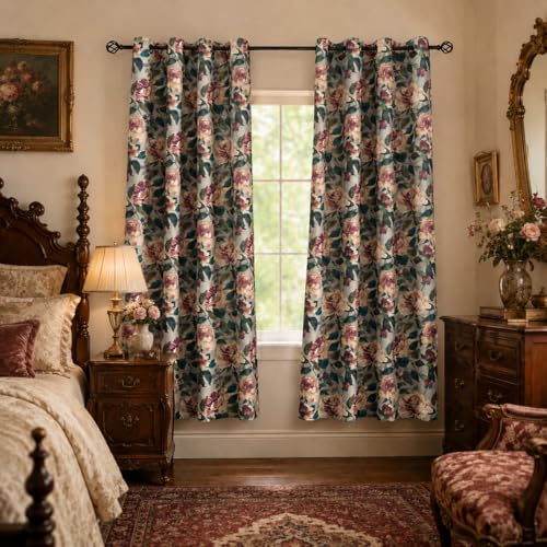 Image of ALIGOGO Blend Linen Plant Curtains 72 Inch Length - Fancy Floral Leaf Garden Curtains for Bedroom, Vintage Privacy Grommet Cloest Hallway French Door Window Treatments Set of 2 Panels, Taupe