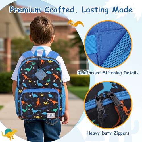 VX VONXURY Kids Backpack,Cute Preschool Toddler Schoolbag for Boys with Chest Strap Small（Black Dinosaur2