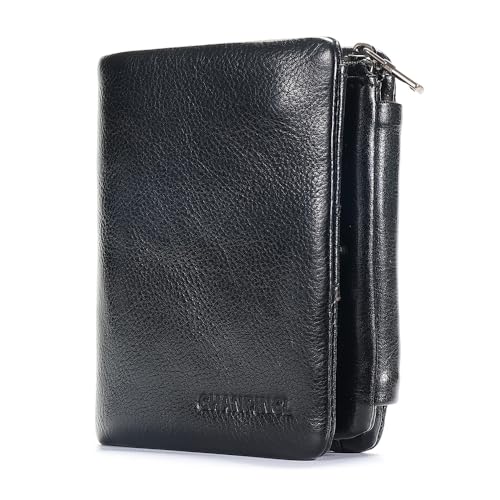 Men's Buckle zipper genuine leather wallet, large capacity 13card slots, Driver's license, multifunctional coin pocket (Vegetable tanned leather black)