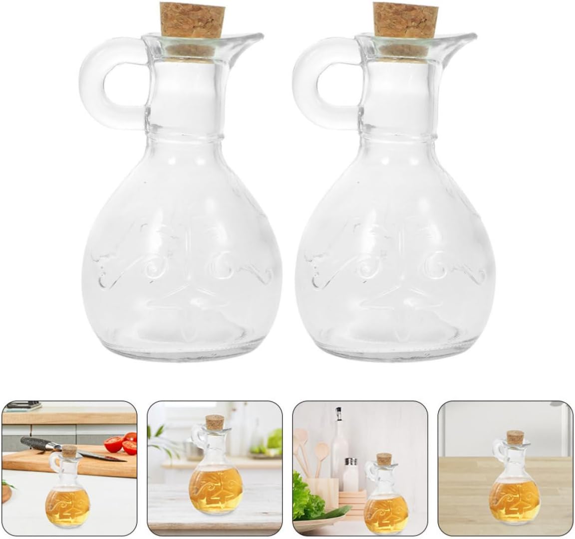 2pcs Glass Oil Dispenser Bottles 200ml Each, Reusable Olive Oil Container and Syrup Dispenser with Sturdy Structure and Elegant Wood Lid, for Kitchen Use or Gift for Birthdays