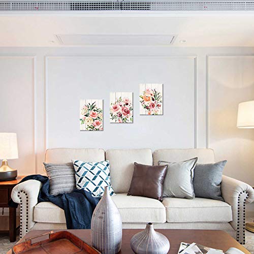 Pink Flower Home Decor Bathroom Wall Art Canvas Framed Wall Art For Girls Bedroom Bathroom Pictures Wood Grain Kitchen Modern Wall Decor Colorful Artwork For Walls Decoration Size 12X16 Each Panel #TOP3
