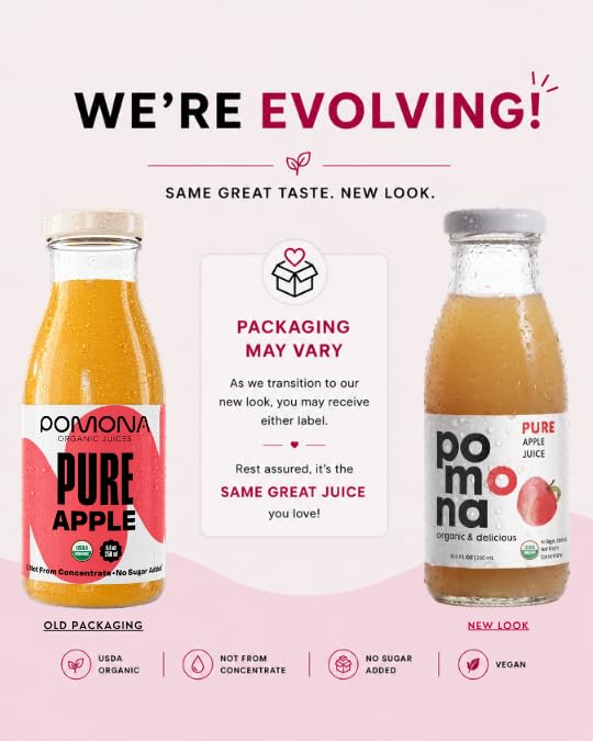 Image of Pomona Organic Apple Juice (Pack of 12), Cold Pressed USDA Organic Juices, No Added Sugar, Not From Concentrate, Vegan, Kosher, Non GMO, Pasteurized, 8.4 Oz Glass Bottles