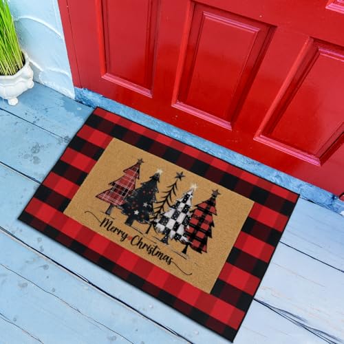 WinnerWhy 2 Pcs Christmas Front Porch Rug Buffalo Plaid Christmas Front Door Mats Imitation Coco Coir Xmas Welcome Layering Rugs for Outdoor Home Winter Festival Holiday Farmhouse Decor, 36 x 60 Inch