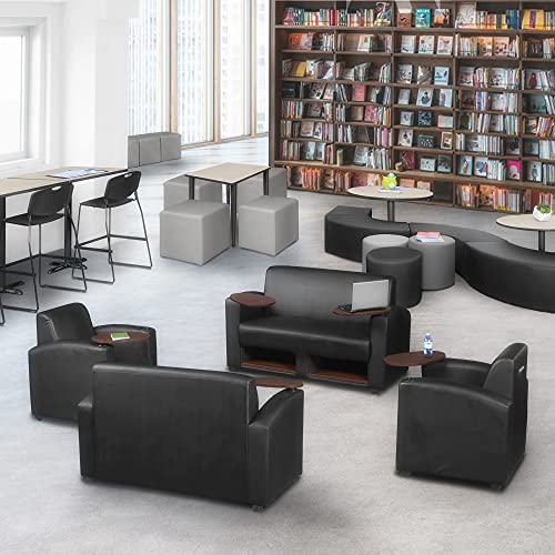 Image of Romig Superstellar Loveseat with 360-Degree Swiveling Tablet Arm, Under-Seat Storage, Java Finish, Black Vinyl Upholstery, Ergonomic Seating for Offices, Lounges, or Classrooms