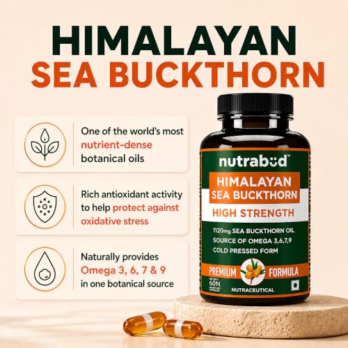Image of Nutrabud Himalayan Sea Buckthorn Berry Oil -1120mg per serving - Cold-Pressed Vegetarian Omega 3,6,7,9 Oil for Skin Glow, Immunity & Gut Health Supplement (60 Count (Pack of 1), Unflavoured)