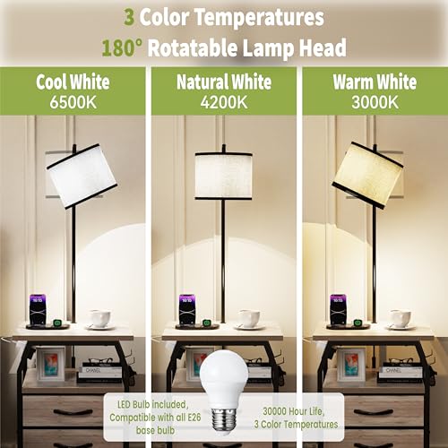 Image of runjuly Floor Lamp with Table Set 2, End Table with Light & Charging Greige