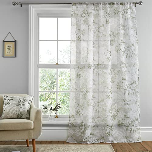 Dreams & Drapes - Rideau Simple à Feuilles Florales Blanches pour fenêtres - 140 x 228 cm - Filet de fenêtre à Feuilles Vertes - Rideau en Voile Blanc pour...