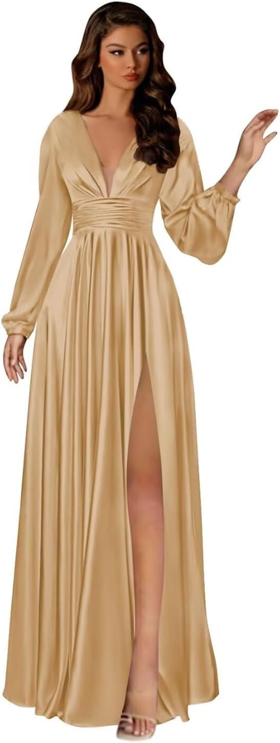 Fashionbride Long Sleeve Satin Bridesmaid Dresses A Line Prom Dress Split Pleated Formal Evening Dress with Pockets AP03