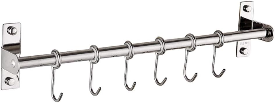 Stainless Steel Kitchen Hanger Storage Hooks - Space Saver Utensil Rack, Wall Mounted Rail With 6/8 Removable Hooks for Bathrooms, Hotel (6 Hooks)