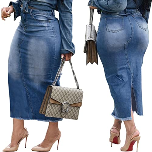 Women's Casual Slit Denim Midi Jean Skirt Stretch High Waisted Button Up Frayed with Pockets4