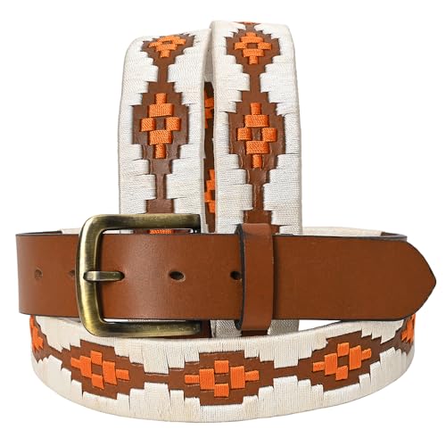 Western Brown Full Grain Genuine Leather Men & Women Belt Embroidered White & Orange with Removable Buckle