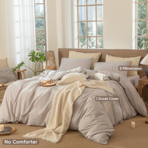 Image of MooMee Striped Duvet Cover Set 100% Washed Cotton Linen Like King | Relaxed Linen-like Texture. Soft, Breathable & Long-lasting Comfort. Lightweight. Hidden Zipper with 8 Interior Corner Ties