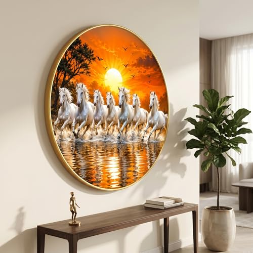 Image of SAF 7 Horse Vastu Round Wall Painting with Premium PVC Golden Frame, White Running Horses Sunset Water Art for Living Room Office Home Decor Gift (23 x 23 Inch) GR-449