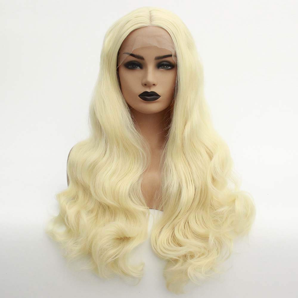 Perruque avant dentelle cheveux longs bouclés peut être teinte avec frange oblique fibre thermorésistante