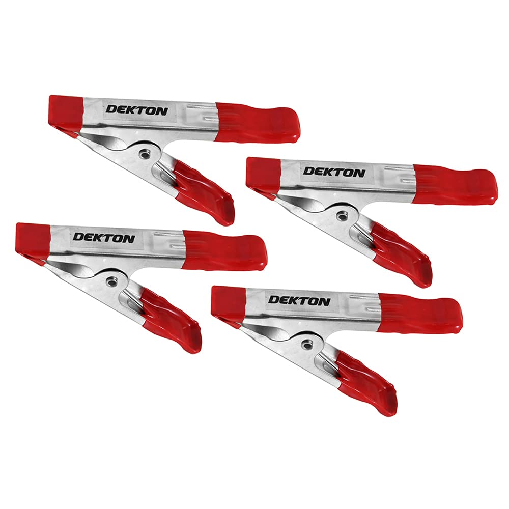 Dekton Spring Clamp 4 PC Set - 32mm Jaw Opening, Compact Design with Strong Gripping Power, Durable Zinc-Plated Spring Clamps, Rubber Coating for Non-Slip Grip, Ideal for DIY and Professional Use.