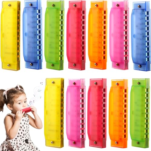 12 Pcs Kids Plastic Harmonica Bulk 10 Holes Toy Harmonica Translucent Harmonicas Musical Instruments for Boys Girls Beginner, 6 Colors