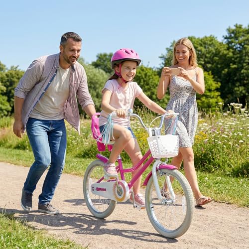 Image of BABY JOY Girls Bike with Streamers & Doll-Seat, Kids Bike for 3-8 Years Old | 12 14 16 18 20 Inch Children Bicycle w /Detachable Training Wheels or Kickstand, Storage Basket, Adjustable Seat and Handlebar