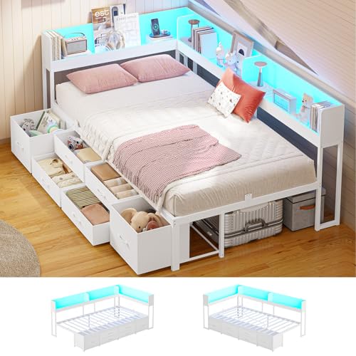 MSmask 14 Inch Corner Bed Frame with Bookcase Storage, Twin Daybed with 6 Drawers, Charging Station and LED Light, Twin Size Metal Platform Bed Frame, No Box Spring Needed, White