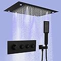Black Rain Shower System, 24" Thermostatic Atomizing Shower System with Rain Shower and Handheld Shower, Smart LED Ceiling Rainfall Shower Combo Set