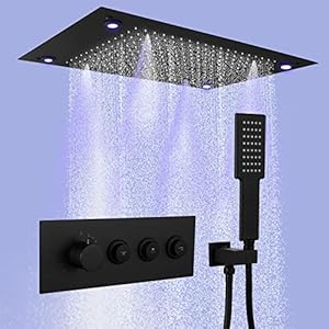 Black Rain Shower System, 24″ Thermostatic Atomizing Shower System with Rain Shower and Handheld Shower, Smart LED Ceiling Rainfall Shower Combo Set