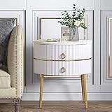 O&K FURNITURE Marble Round End Table, Modern Nightstand Table with 2 Drawers, Side Table Metal Legs for Bedroom Living Room, Bedside Furniture, White & Gold (Marbling Natural Stone)