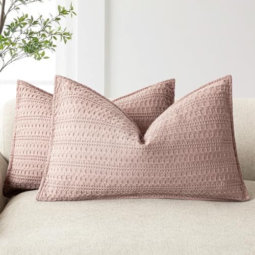Image of Foindtower Set of 2 Decorative Cotton Waffle Weave Lumbar Throw Pillow Covers Euro Shams Cushion Covers Accent European Pillowcase for Bed Couch Bedroom Living Room Home Decor 12x20 Inch Dusty Pink