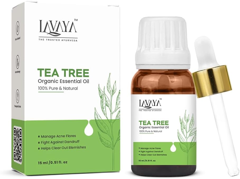 Lavaya® Tea Tree Essential Oil — 100% Pure, Undiluted | For Acne Treatment, Glowing Skin, Hair Growth, Dandruff Control, Skin Nourishment | Aromatherapy & Diffuser Oil - 15ml