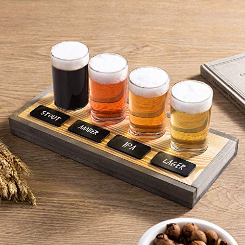 Mygift Vintage Gray & Rustic Burnt Solid Wood Beer Flight Server Tasting Sampler Set With 4 Glasses And Chalkboard Labels #TOP25