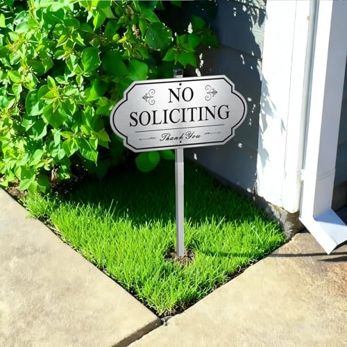 Image of Heavy Duty No Soliciting Sign for House - All Metal Construction No Soliciting Yard Sign - 14 inch x 7 inch - Aluminum - with 28 inch Long Stake