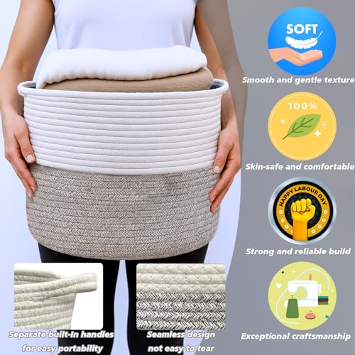 Image of Woven Storage Basket, Cotton Rope Closet Organizers Bins for Clothes Blanket Towels, Stylish Gift Baskets with Handles, 13.4 x 9.3 x 9.5 in, White and Grey (Pack of 1)