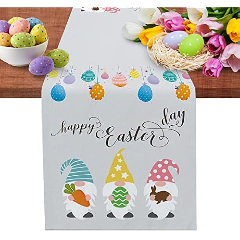 Easter Table Runner Easter Eggs Gnomes Dresser Scarves Carrot Bunny Rabbit Non-Slip Runner Tablecloth for Happy Easter Spring Holiday Dinner Parties Home Decor 13 x 90 Inch Cover