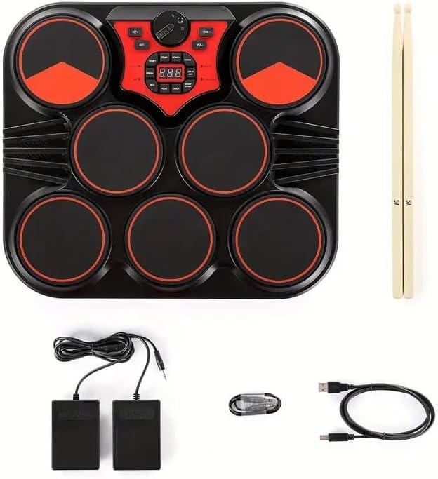 10-Hour Portable Electronic Drums Kit - Dual Speakers, Recording, Playback, Metronome, USB Port, and Foot Pedal - Perfect for Students and Professionals on-The-go, Easy to Carry and Store