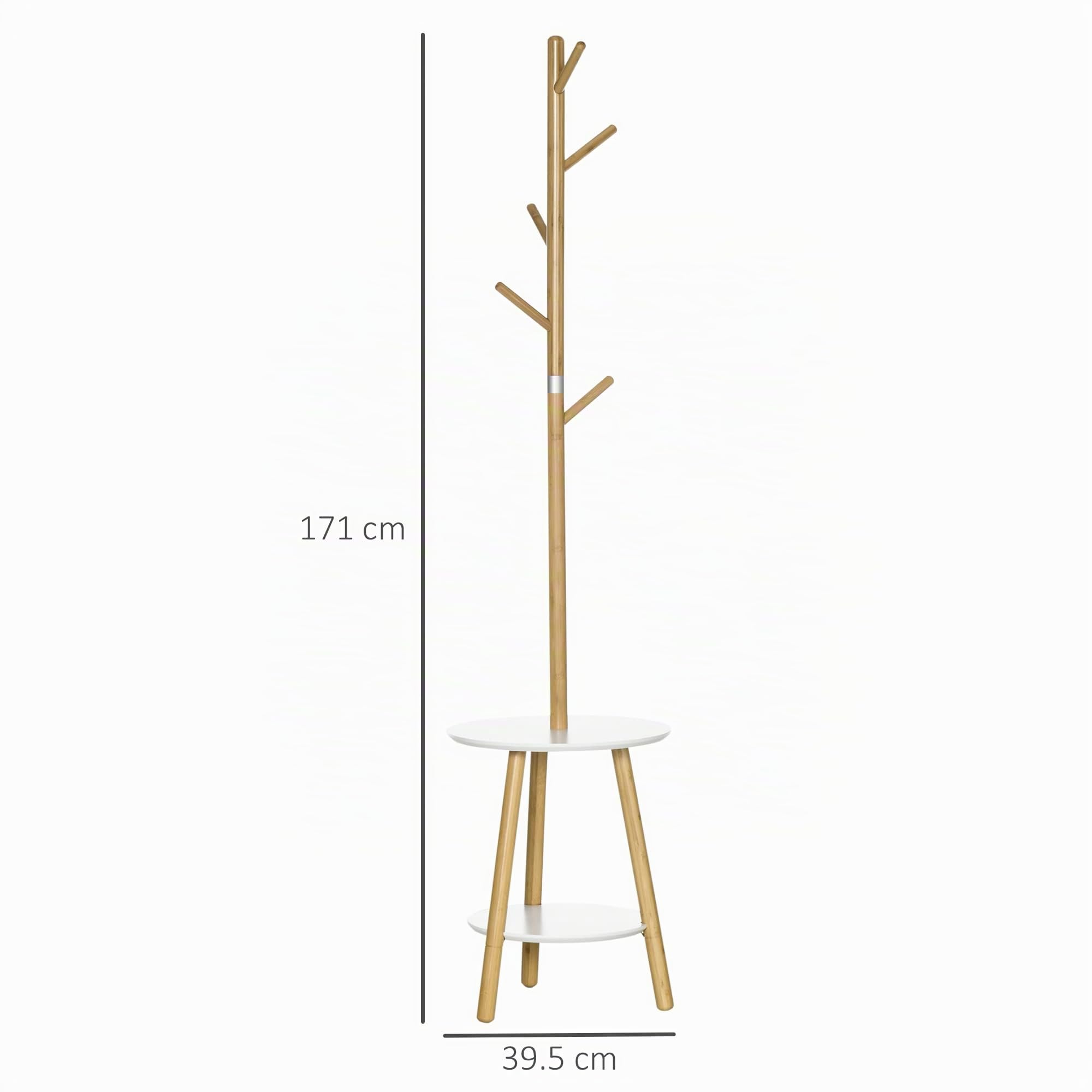 HOMCOM Appendiabiti da Terra per Ingresso 39.5x39.5x171 cm Legno e Bianco | MDF e Alluminio, 5 Ganci in Bambù, Tavolino Rotondo da Caffè