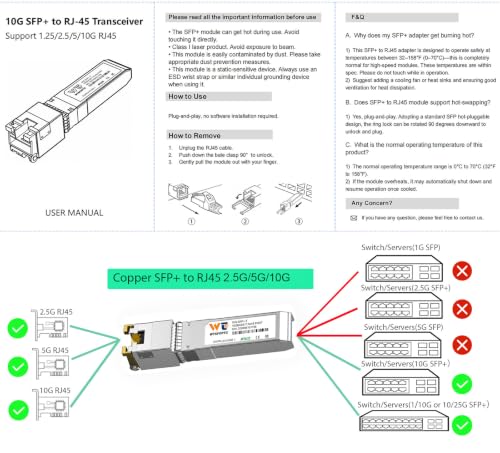 Image of 10GBase-T SFP+ to RJ45 Module, Copper 10G SFP+ Ethernet Transceiver CAT6a | Auto-Negotiation 2.5G /5G /10G for RJ45 Port, Up to 30m, for Cisco SFP-10G-T-S, Meraki, TP-Link, Mikrotik, Netgear and More...