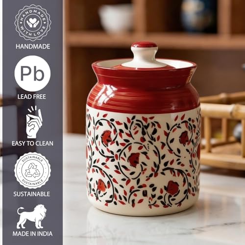 Image of Ceramic Handglazed Pickle Jars Set of 2-1000 ML Each | 1 kg Achaar Martban Barni Jar with Lid | Ceramic Storage Jar Container Pickle, Chatney