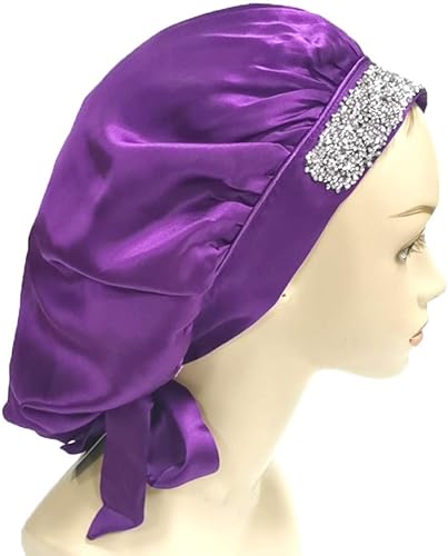 IMPRINTS BY MAU Gorro de dormir de seda suave de gran tamaño, extra grande para trenzas, gorro de noche de satén liso con diamantes de imitación