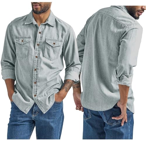 Men's Regular Fit Denim Button Down Shirts Casual Chambray Long Sleeve Lightweight Tops Casual Spread Collar3