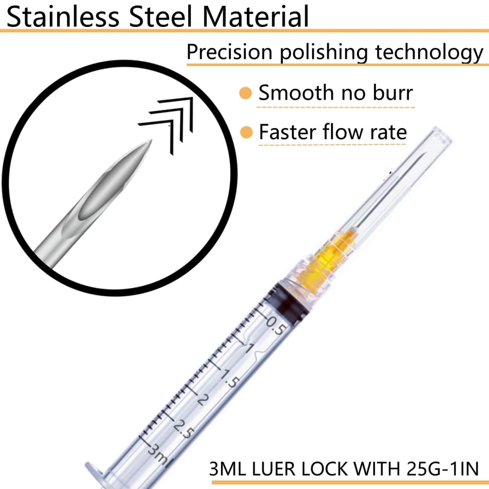 Paquete de 100 jeringas de plástico Luer Lock de 3 ml/cc con aguja de 25 Ga, herramientas de medición de laboratorio para dispensación industrial, laboratorio de ciencia y suministros de inyección de