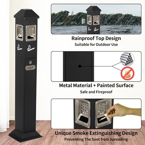Image of lukar Commercial Butt Receptacles Metal Butt Container Heavy Duty Ash Disposal Outdoor Vertical Trash Can for Patios Gardens Hotels Pubs Offices(Black)