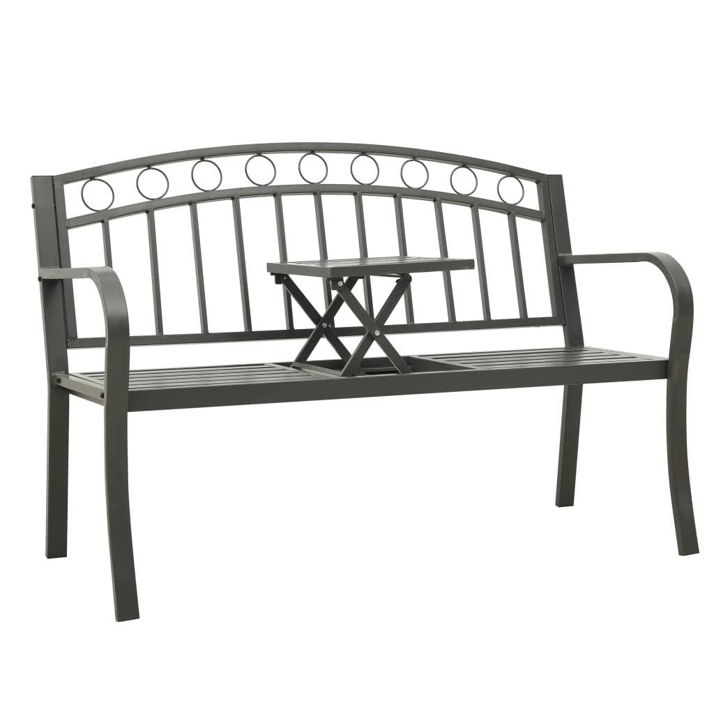 Graue Gartenbank mit integriertem Tisch, 120 cm breit, aus robustem, pulverbeschichtetem Stahl, ideal für Outdoor-Terrasse, Gartenmöbel im Außenbereich, Bequeme Sitzgelegenheit.
