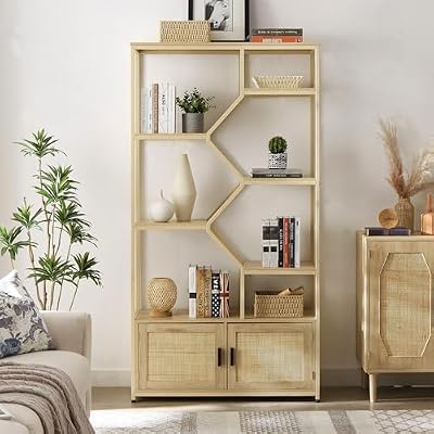 Bookcase Rattan Bookshelf 7 Tiers Hand Made Rattan Multi-Tiered Storage Rack Adjustable Shelf Adjustable Foot Pads Living Room Home Office